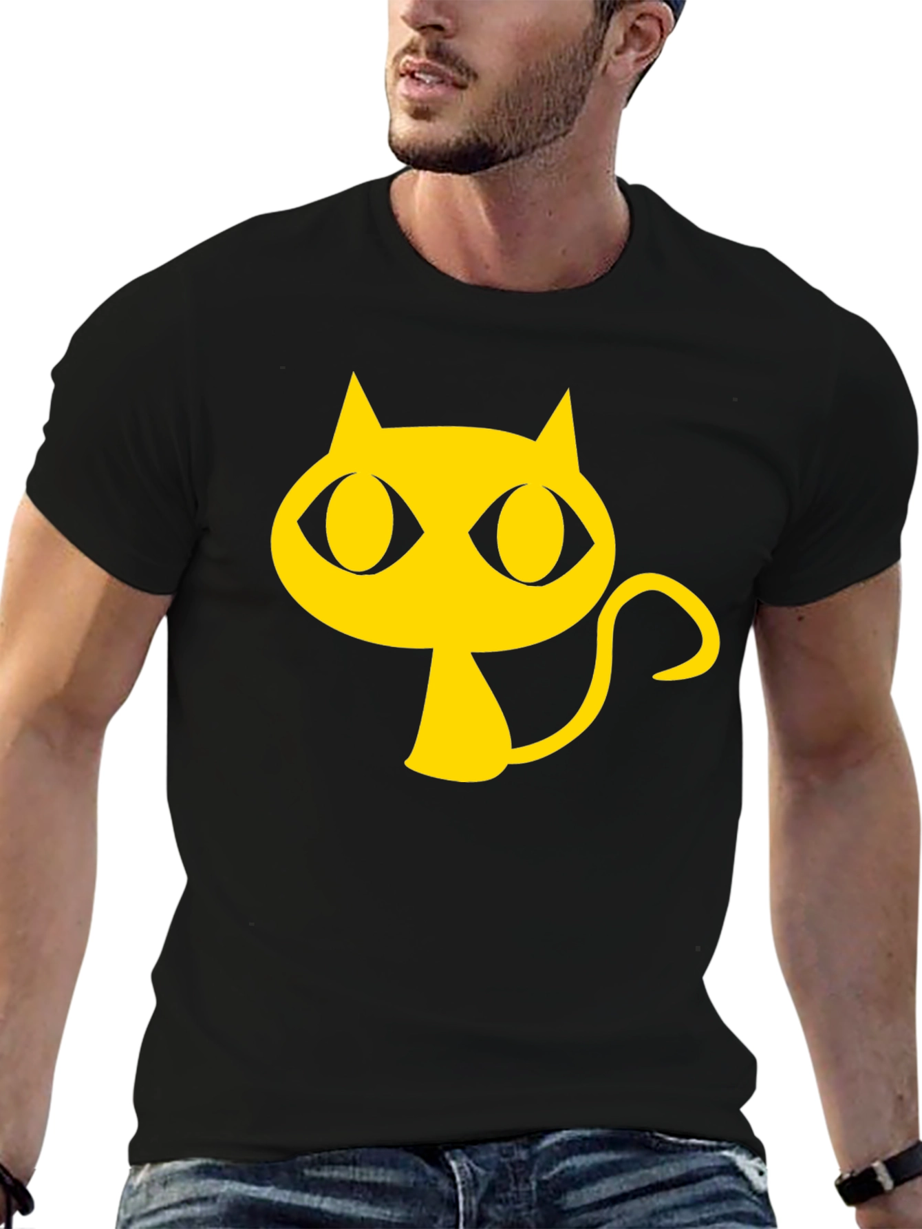 Black T-Shirt with Yellow Cartoon Cat Graphic