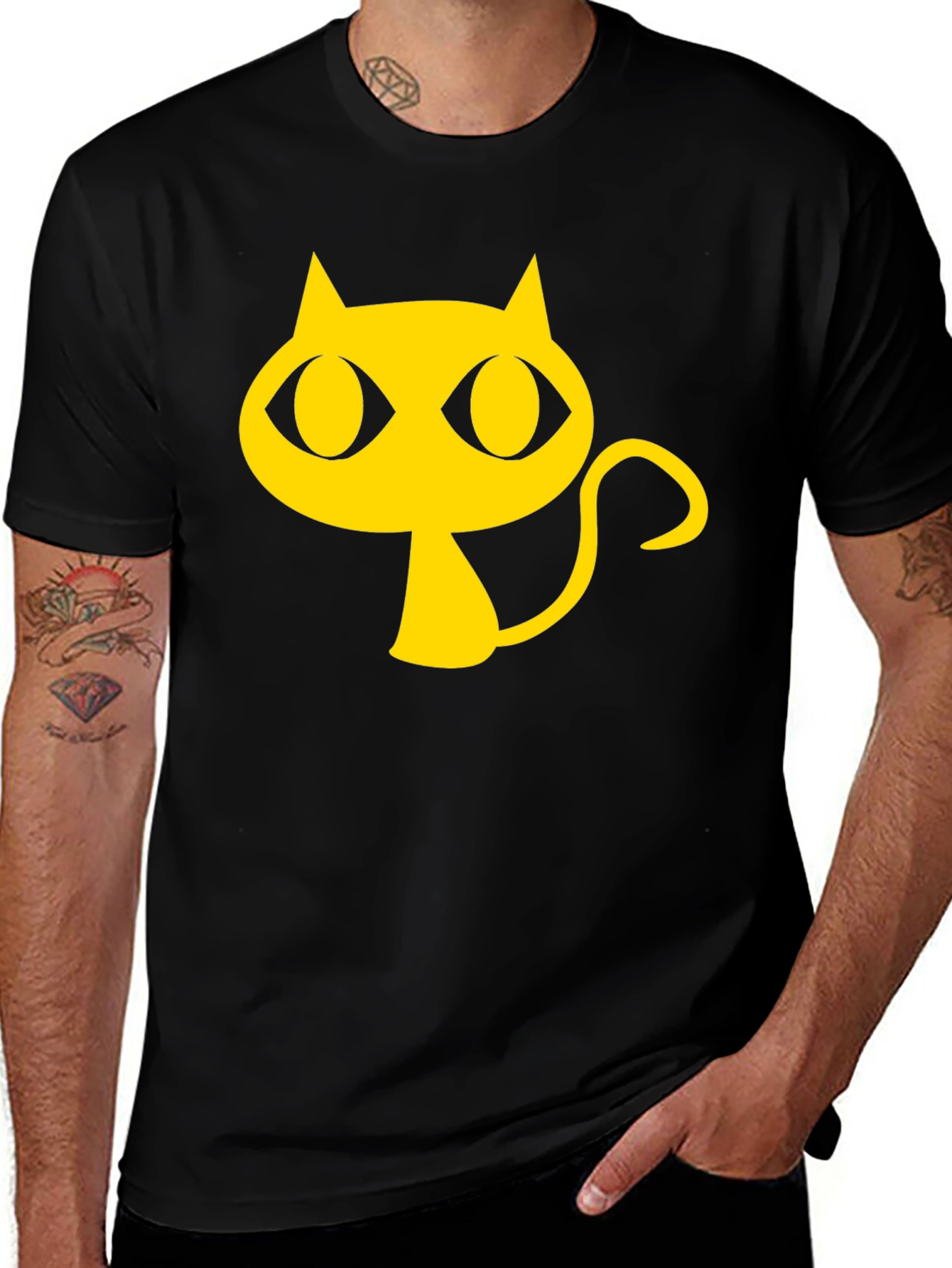 Black T-Shirt with Yellow Cartoon Cat Graphic