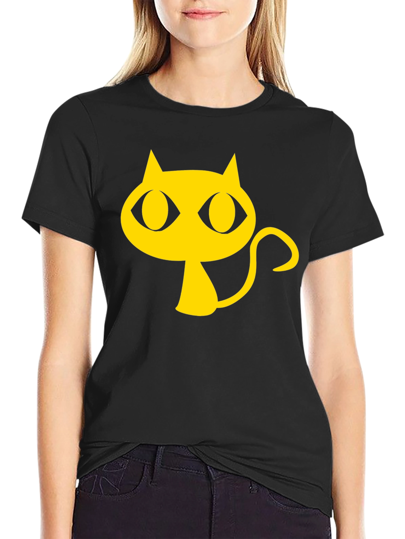 Black T-Shirt with Yellow Cartoon Cat Graphic