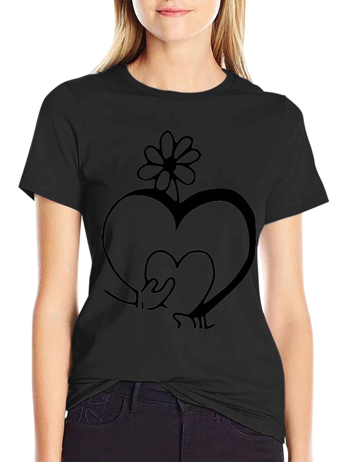 Heart Flower Graphic Tee - Stylish Black T-Shirt