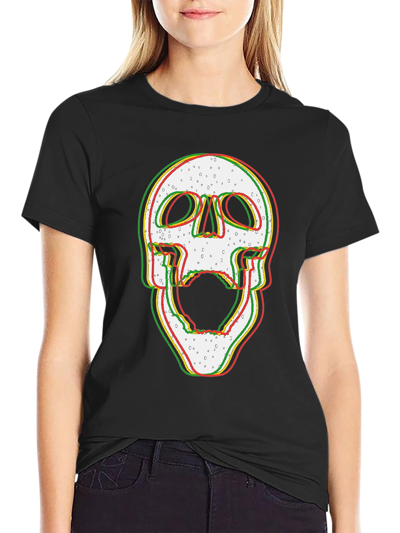 Glitch Skull Graphic Print Black T-Shirt