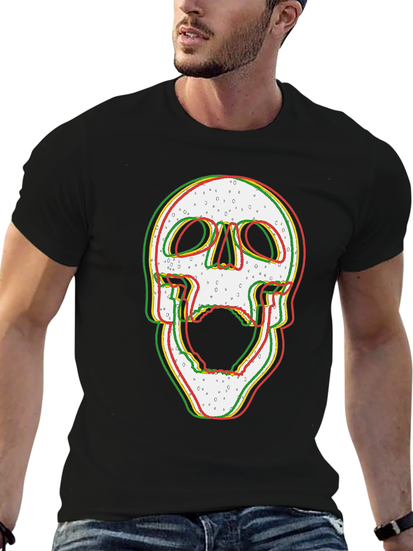 Glitch Skull Graphic Print Black T-Shirt