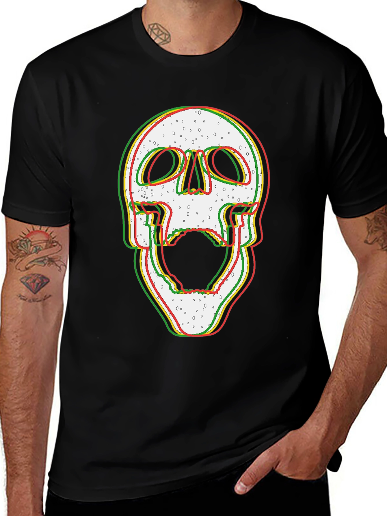 Glitch Skull Graphic Print Black T-Shirt