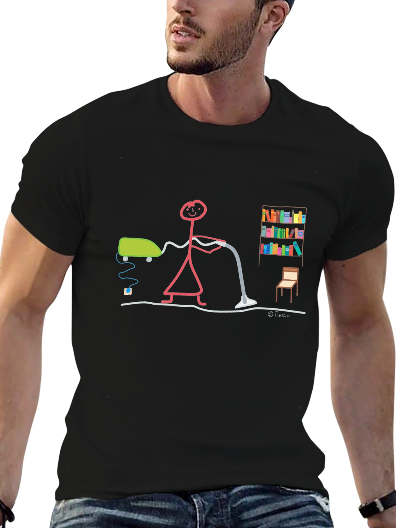 Humorous Stick Figure Vacuuming Black T-Shirt