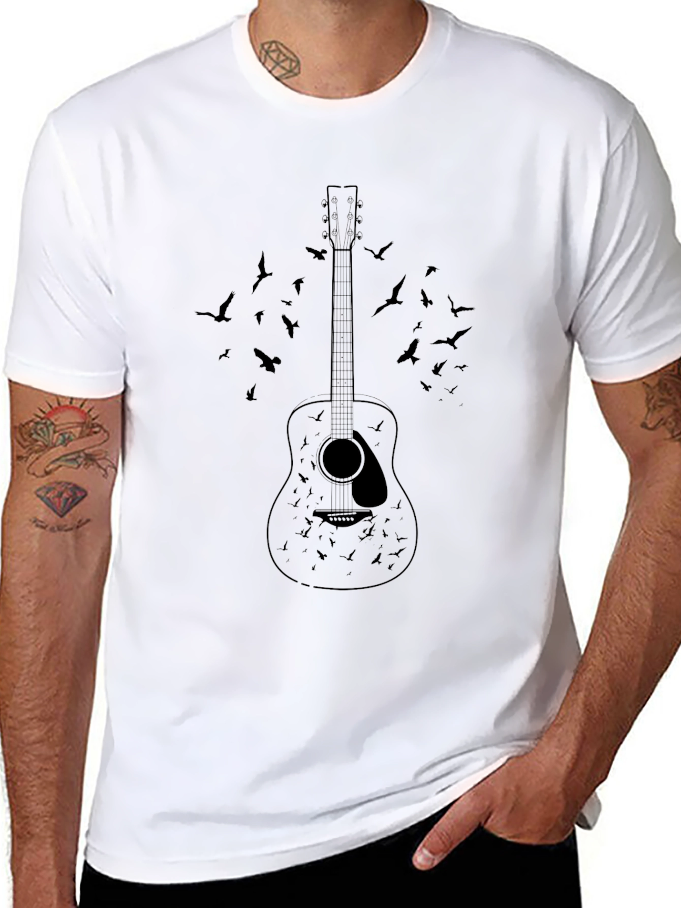 Guitar & Birds Graphic Print T-Shirt