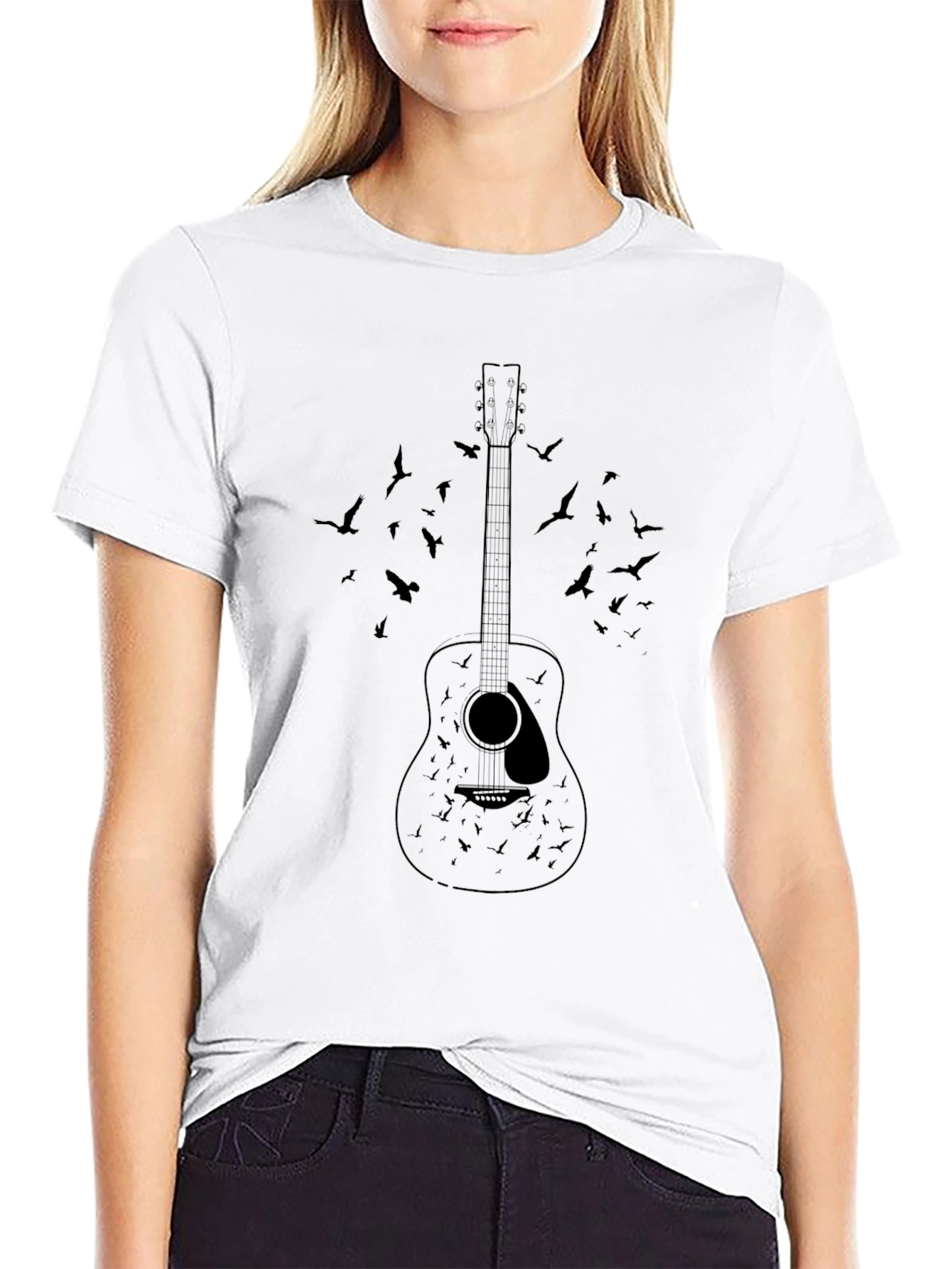 Guitar & Birds Graphic Print T-Shirt
