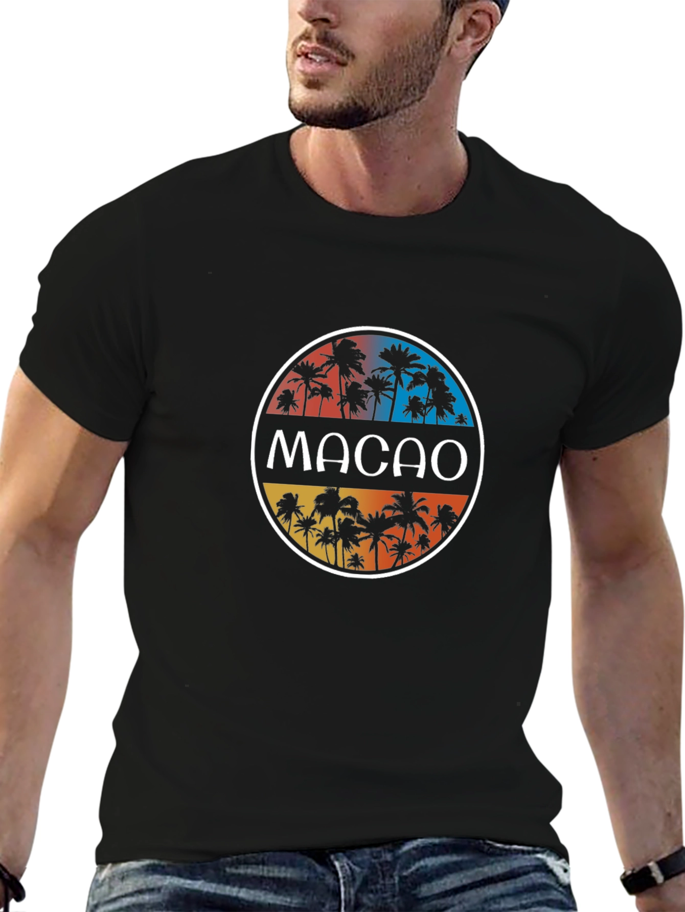 Macao Palm Tree Graphic Black T-Shirt