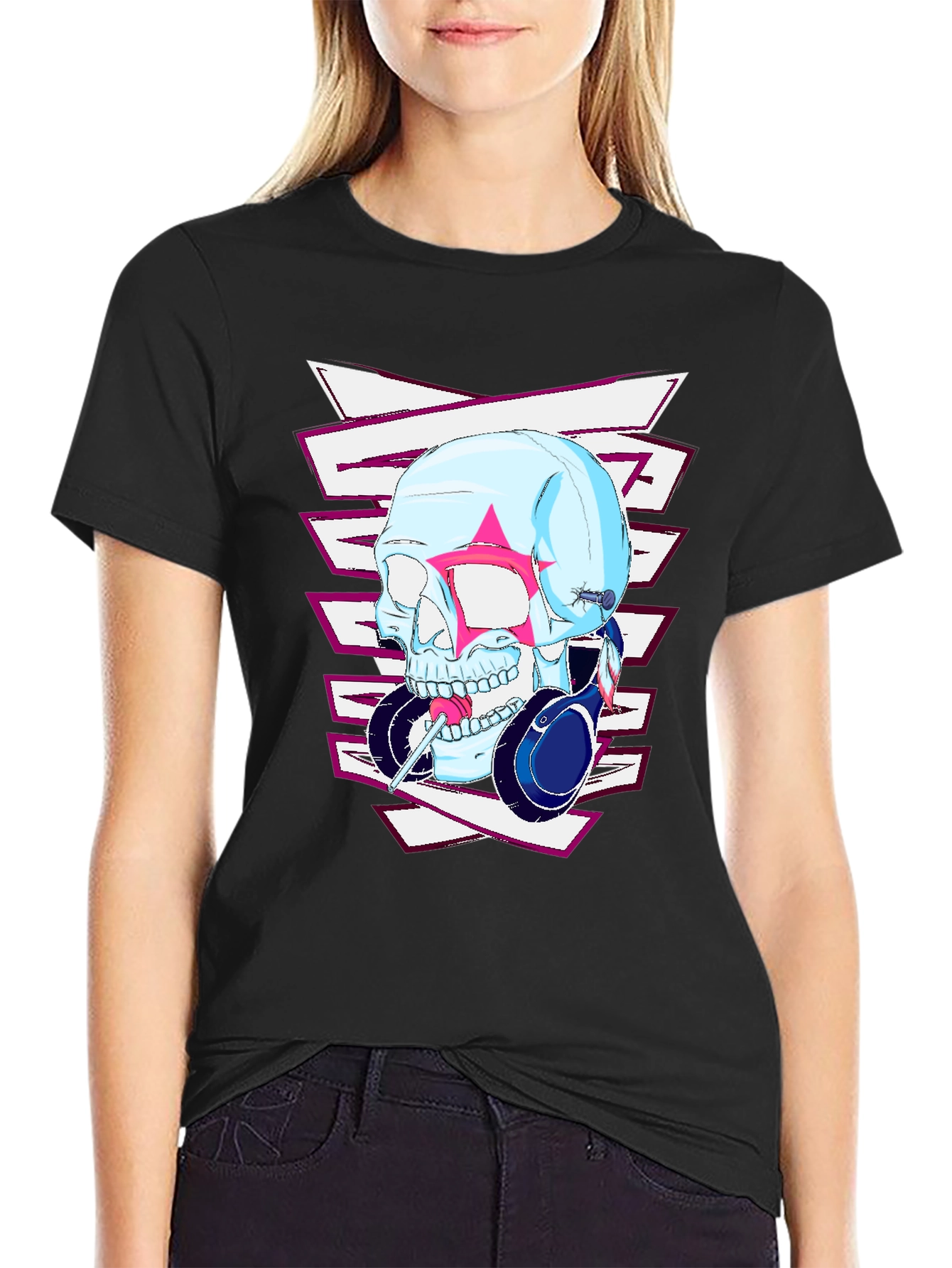 Edgy Skull Headphones Graphic T-Shirt