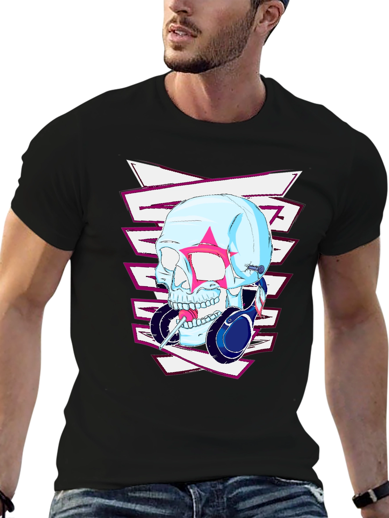Edgy Skull Headphones Graphic T-Shirt