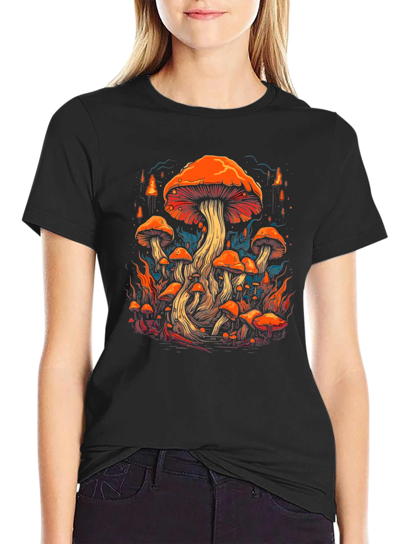 Mushroom Forest Graphic Print Tee - Black