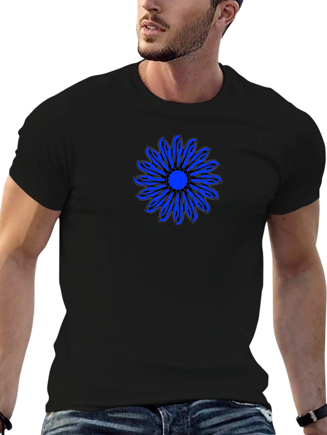 Black T-Shirt with Blue Daisy Graphic