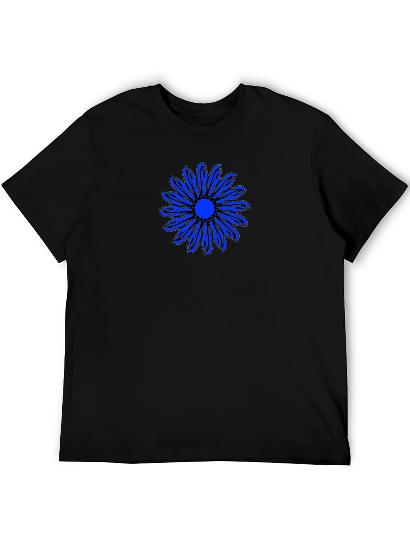 Black T-Shirt with Blue Daisy Graphic
