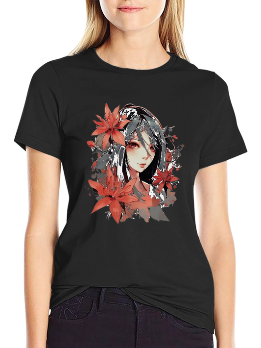 Anime Girl Floral Graphic Black T-Shirt