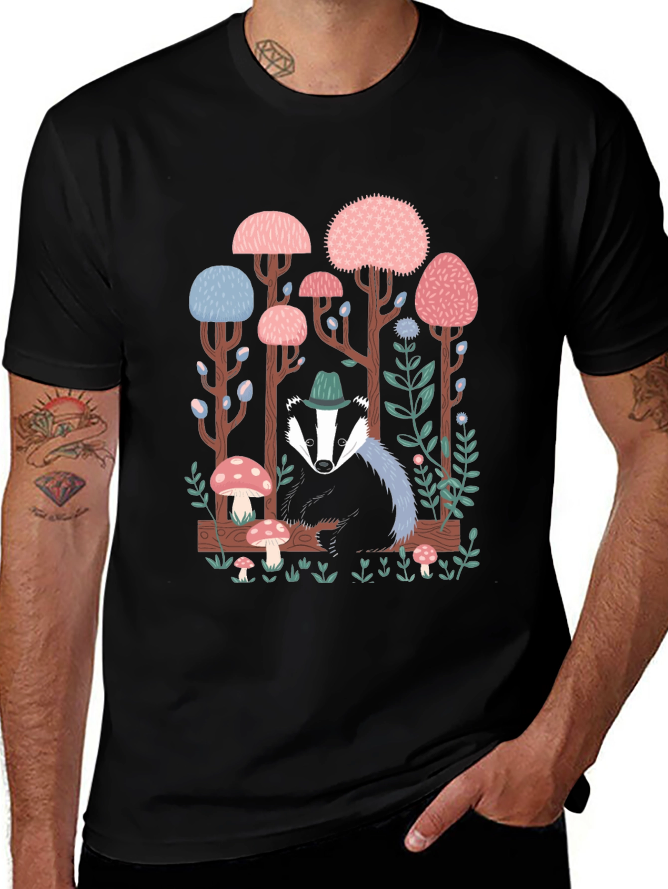 Whimsical Badger Forest Graphic Tee
