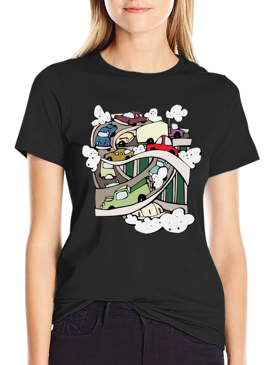 Cartoon Cars Highway Black T-Shirt
