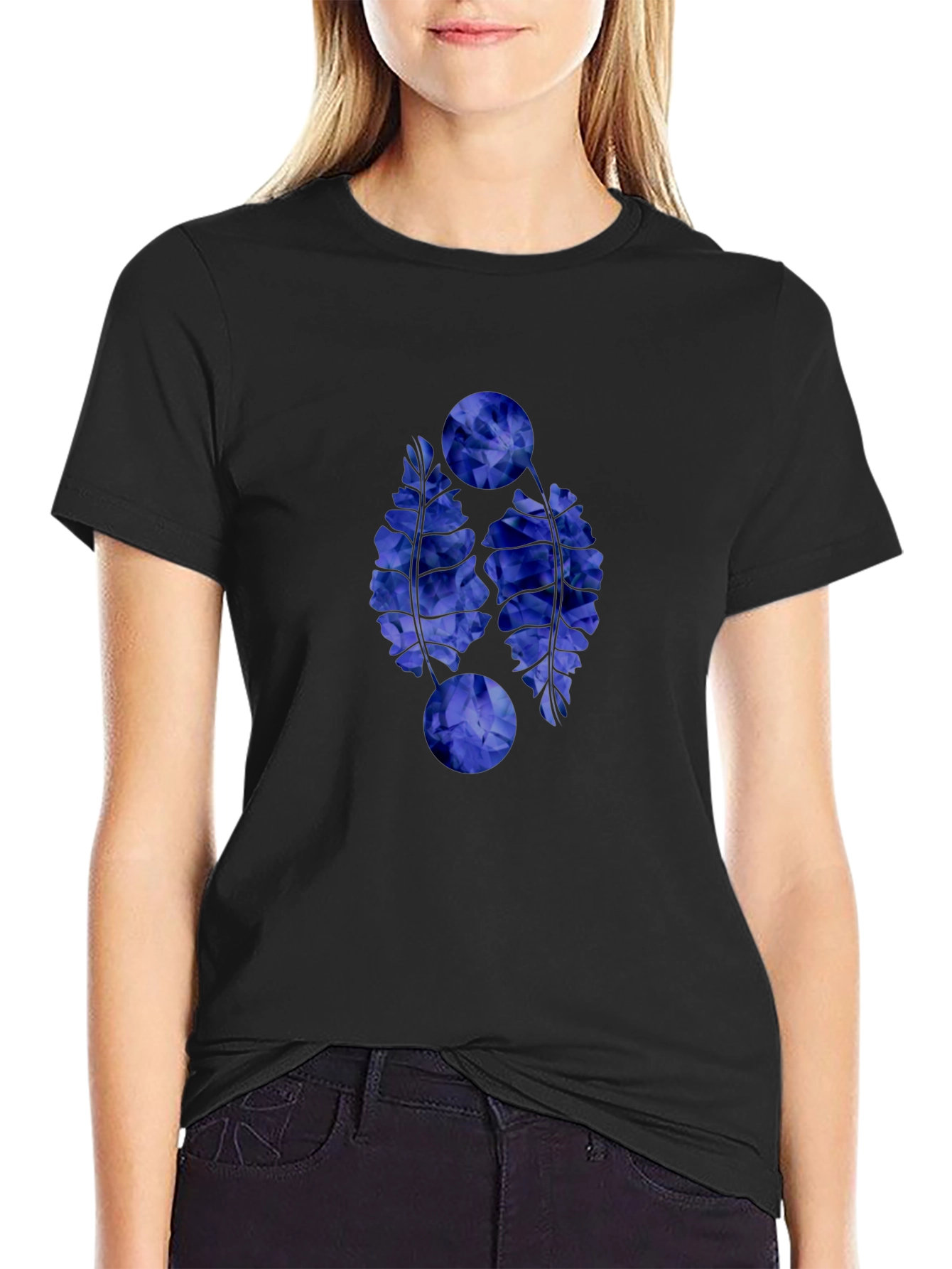 Abstract Blue Floral Graphic Print Black T-Shirt