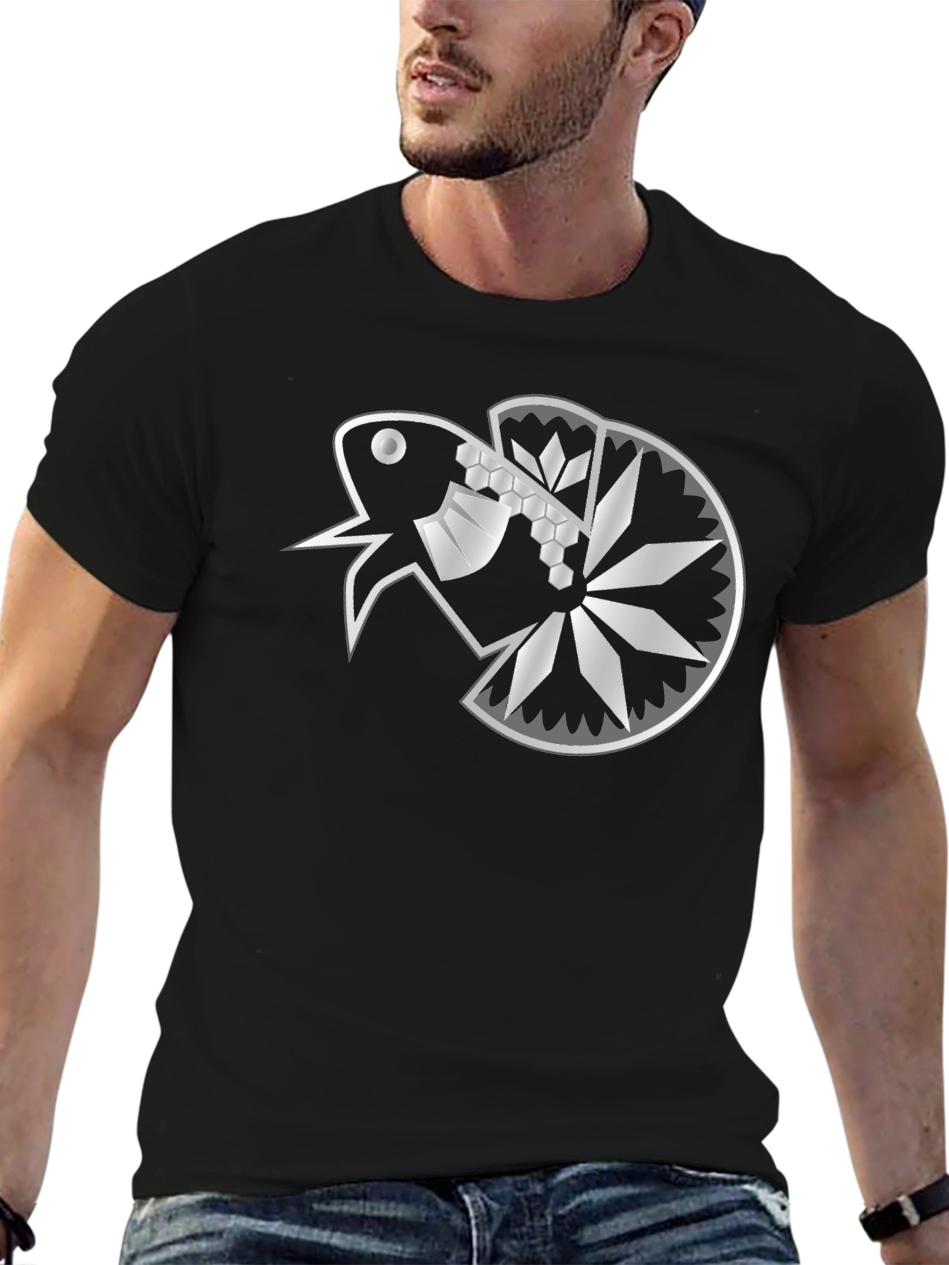 Geometric Betta Fish Graphic T-Shirt - Black