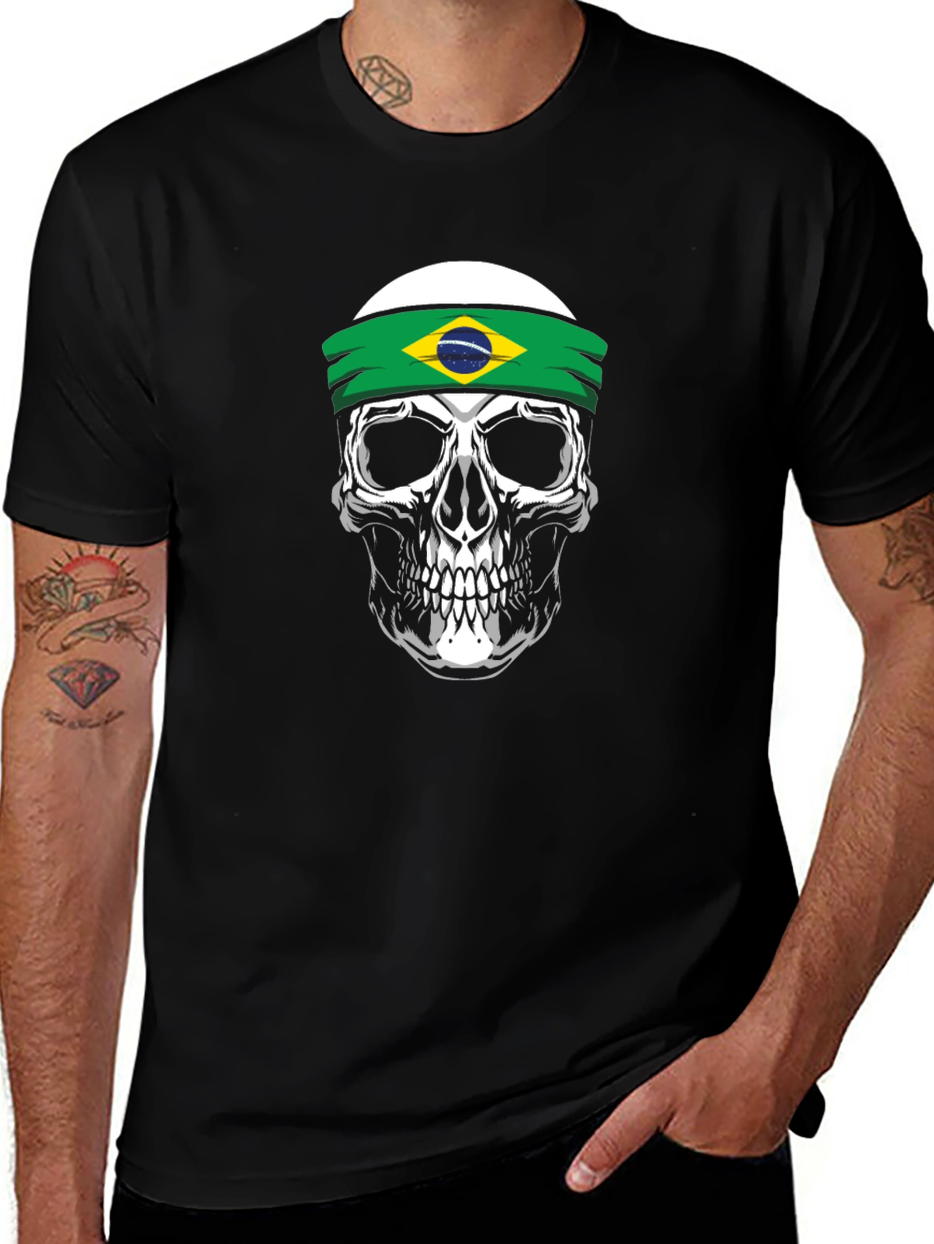 Skull Brazil Flag Headband Graphic T-Shirt