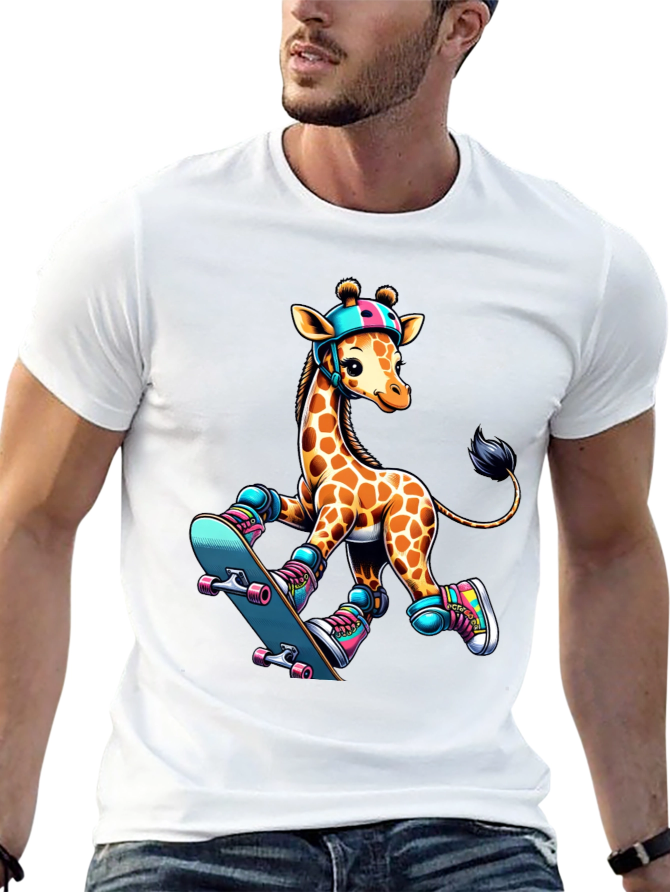 Giraffe Skateboarder Graphic Tee - Cool Animal Design