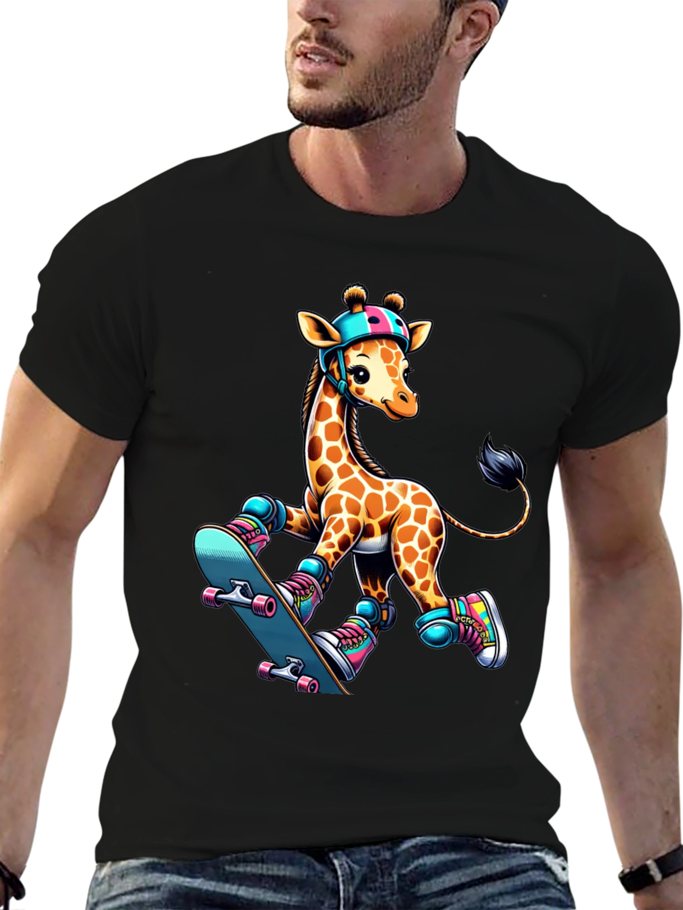Giraffe Skateboarder Graphic Tee - Cool Animal Design