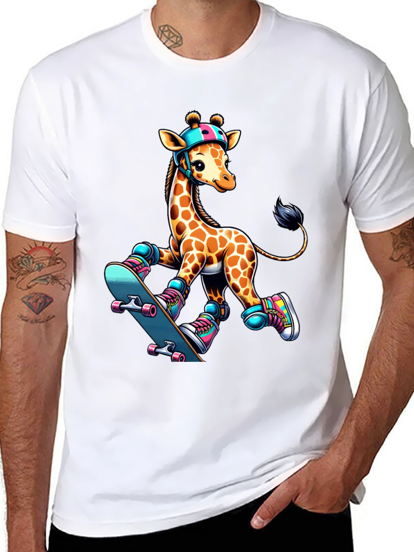 Giraffe Skateboarder Graphic Tee - Cool Animal Design
