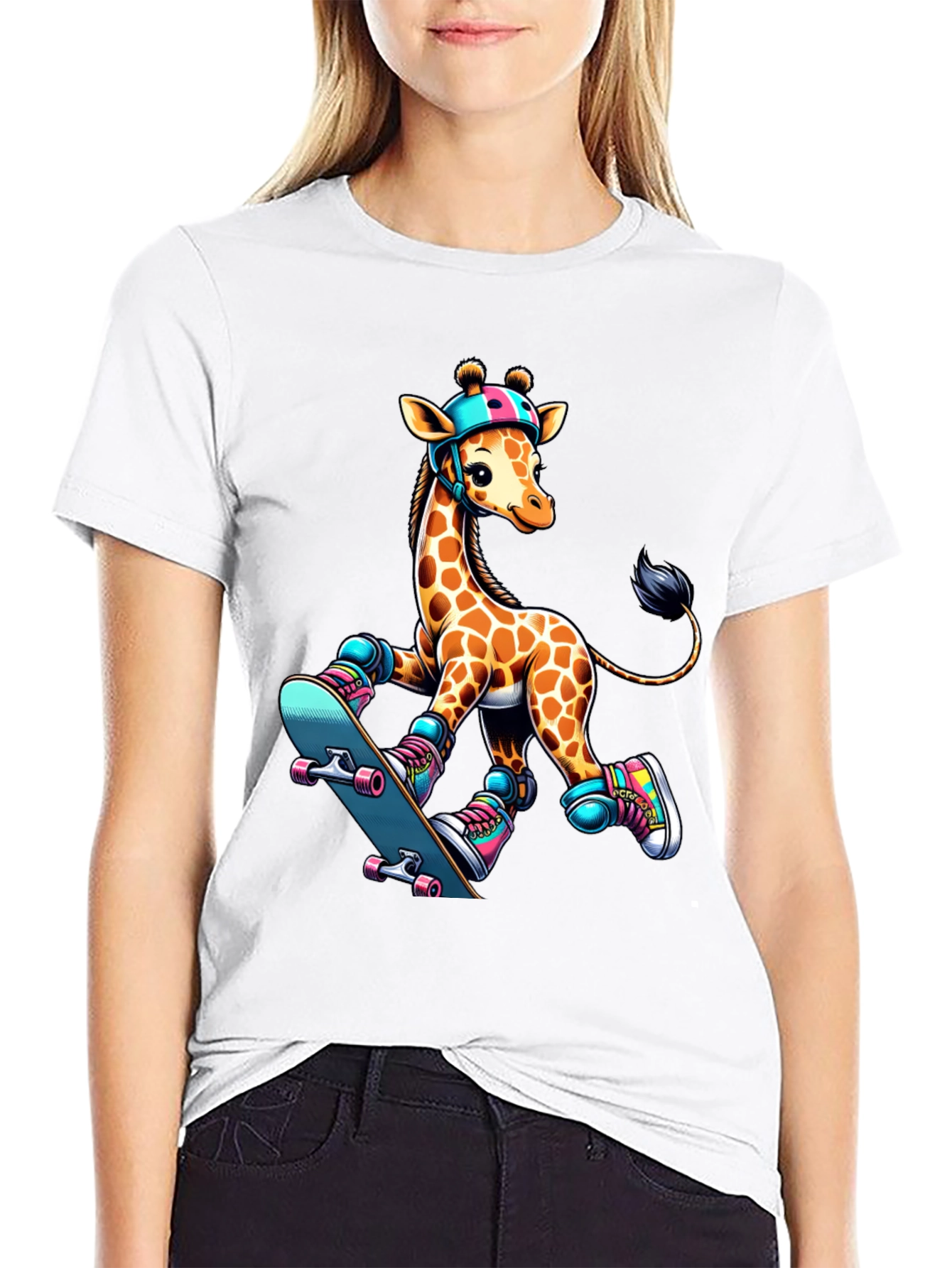 Giraffe Skateboarder Graphic Tee - Cool Animal Design