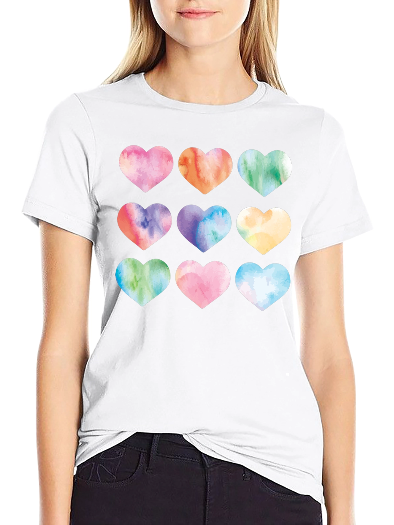Watercolor Hearts Black T-Shirt