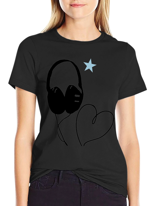 Headphones Heart Star Graphic Tee - Cool Black T-Shirt