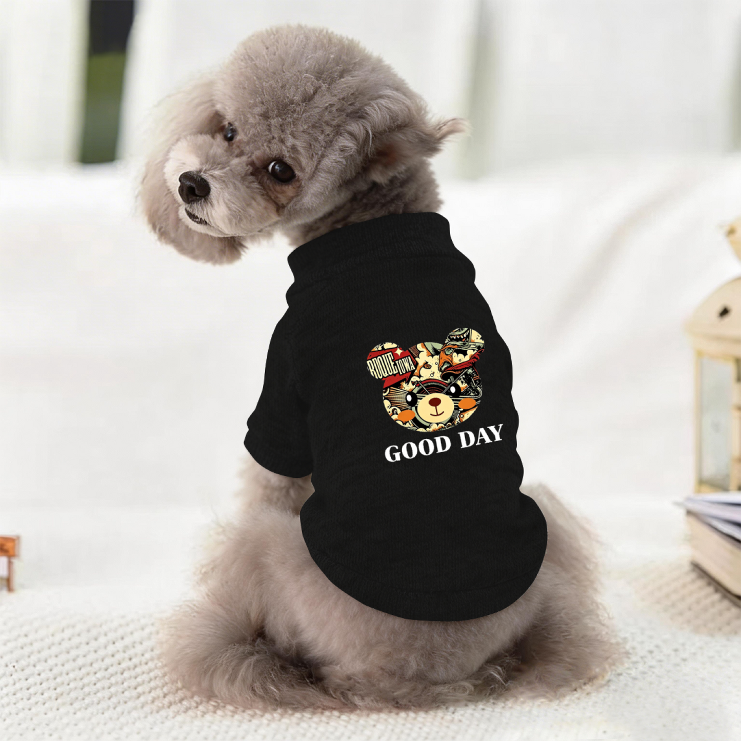 Retro Comic Bear GOOD DAY Black Pet Pullover Sweater, Trendy Cool Dog Top