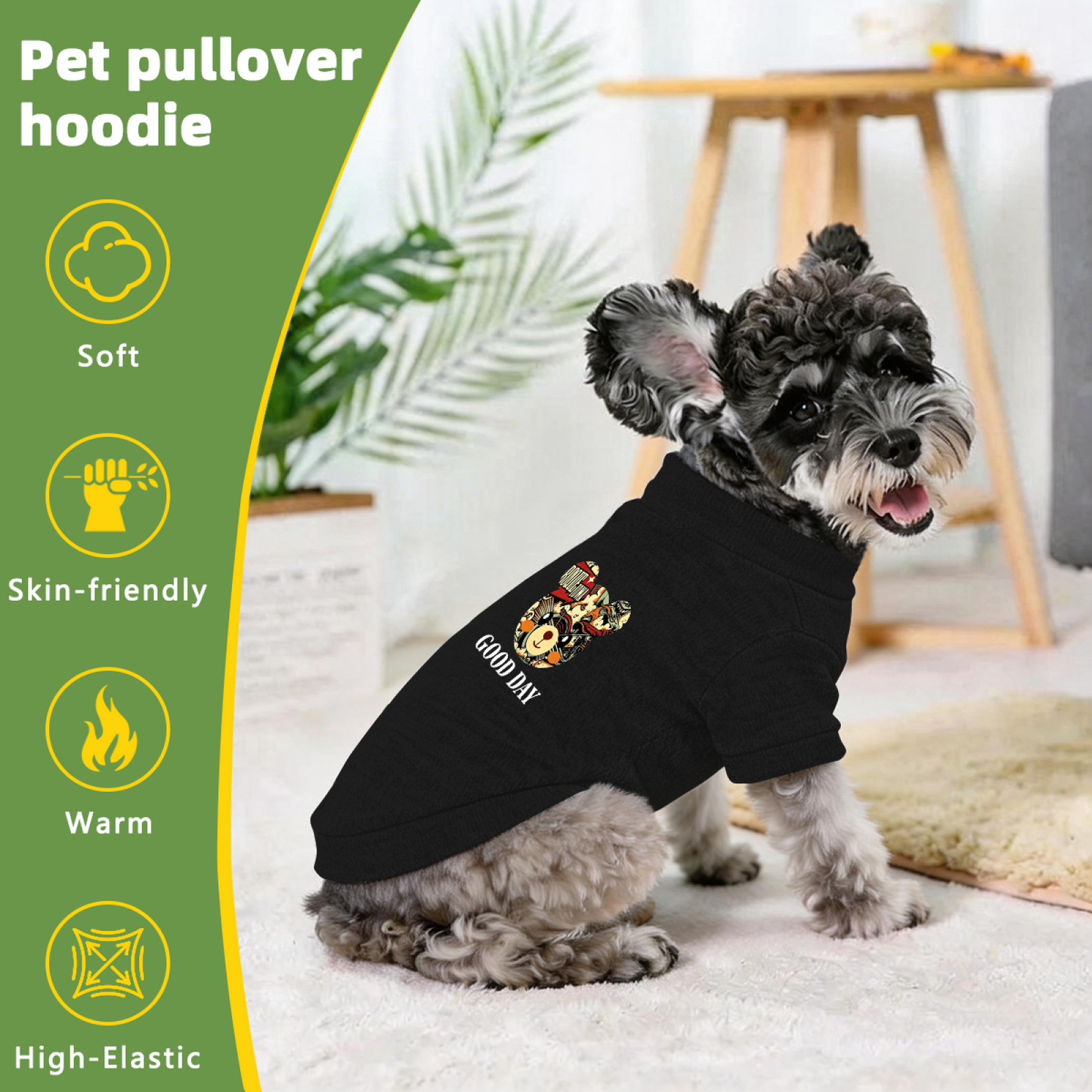 Retro Comic Bear GOOD DAY Black Pet Pullover Sweater, Trendy Cool Dog Top