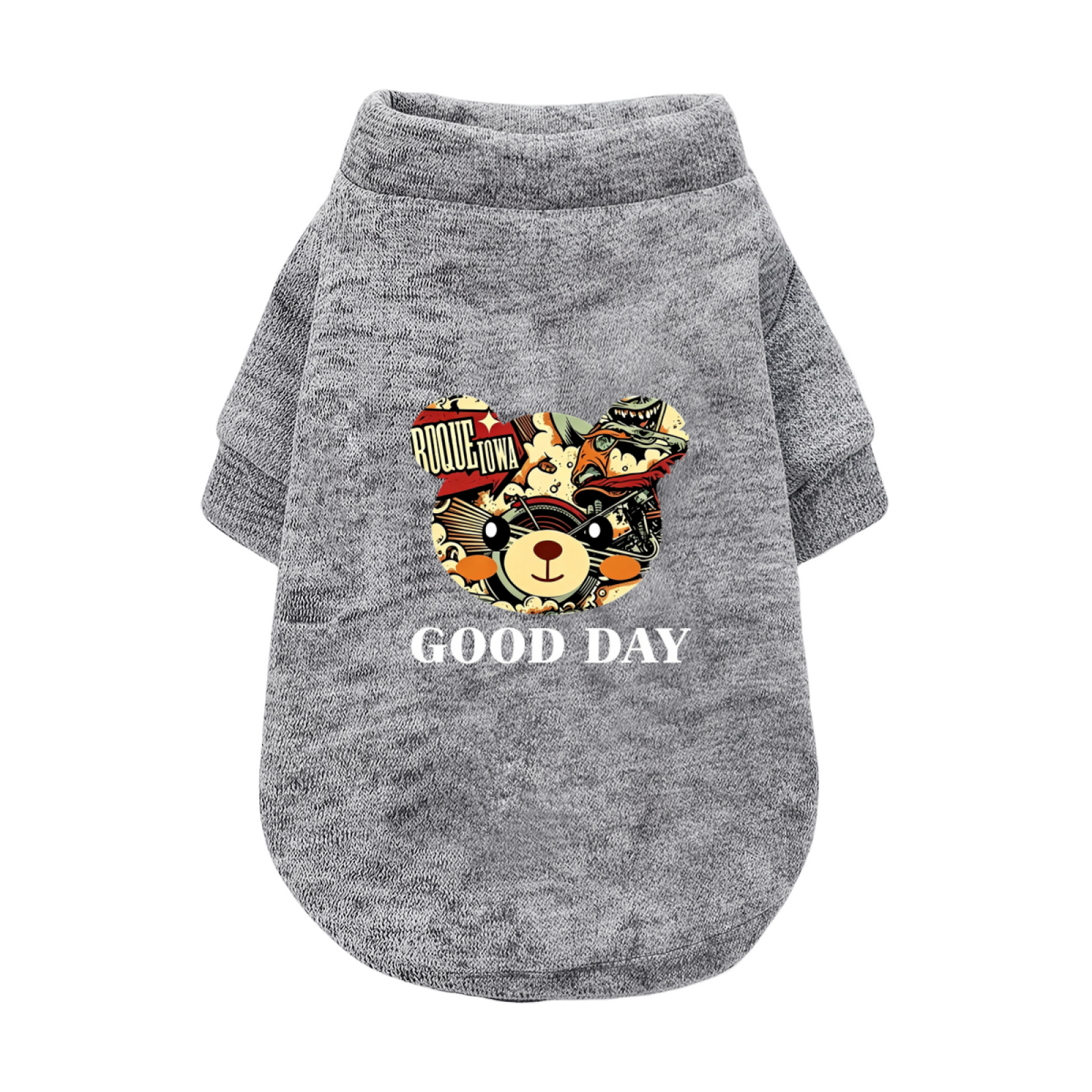 Retro Comic Bear GOOD DAY Black Pet Pullover Sweater, Trendy Cool Dog Top