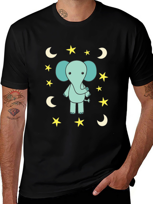 Cute Elephant Starry Night Black T-Shirt