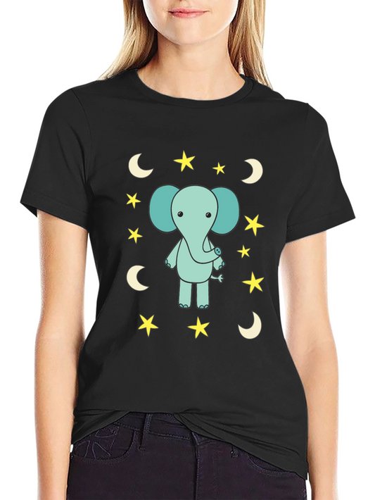 Cute Elephant Starry Night Black T-Shirt