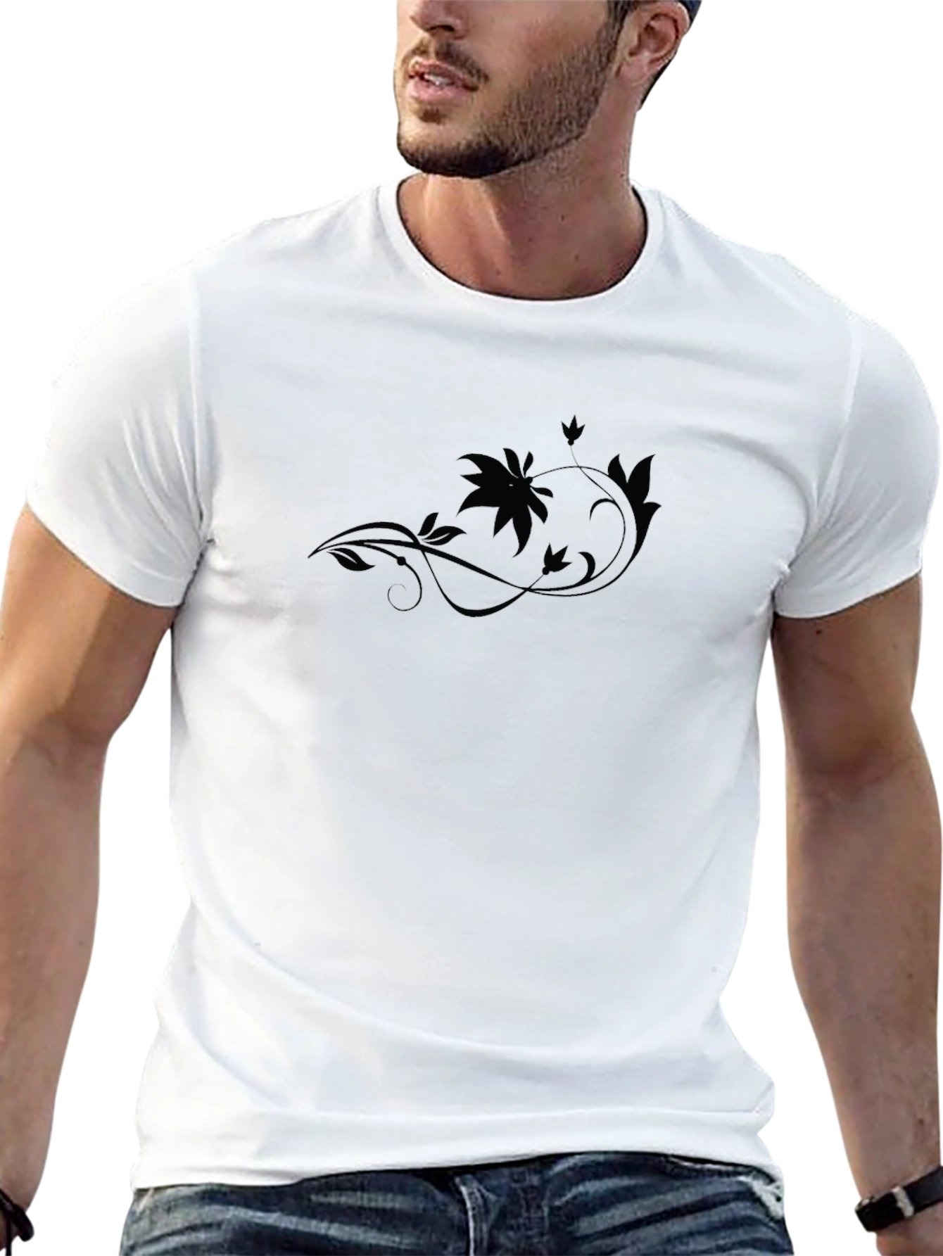 Mens Black Graphic Tee - Floral Accent