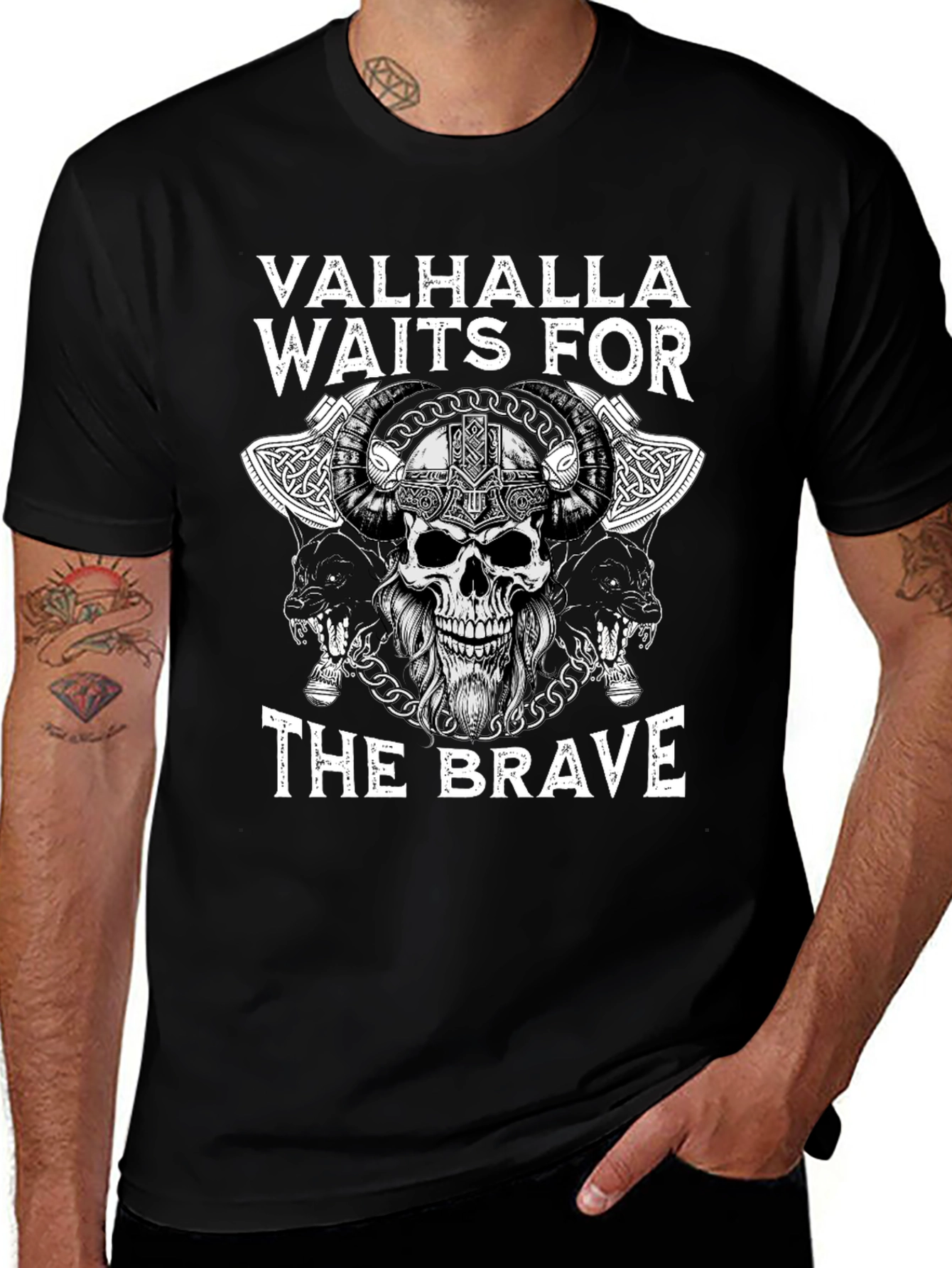 Valhalla Waits for The Brave Viking Skull T-Shirt