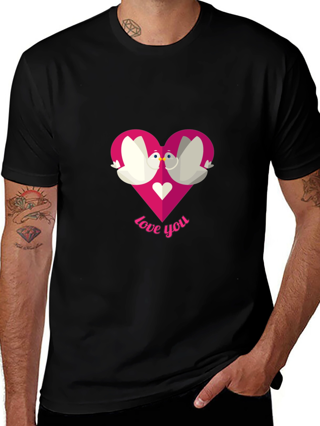 Love You Doves Heart Graphic Tee - Black T-Shirt