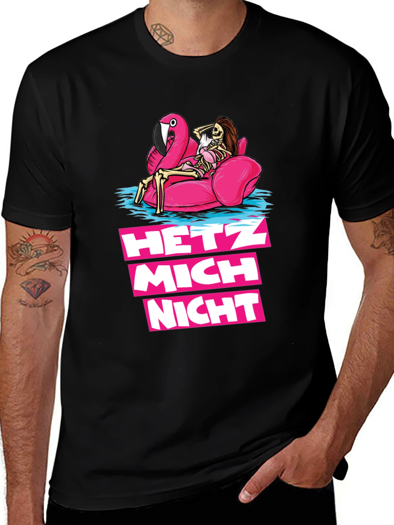 Hetz Mich Nicht Skeleton Flamingo T-Shirt