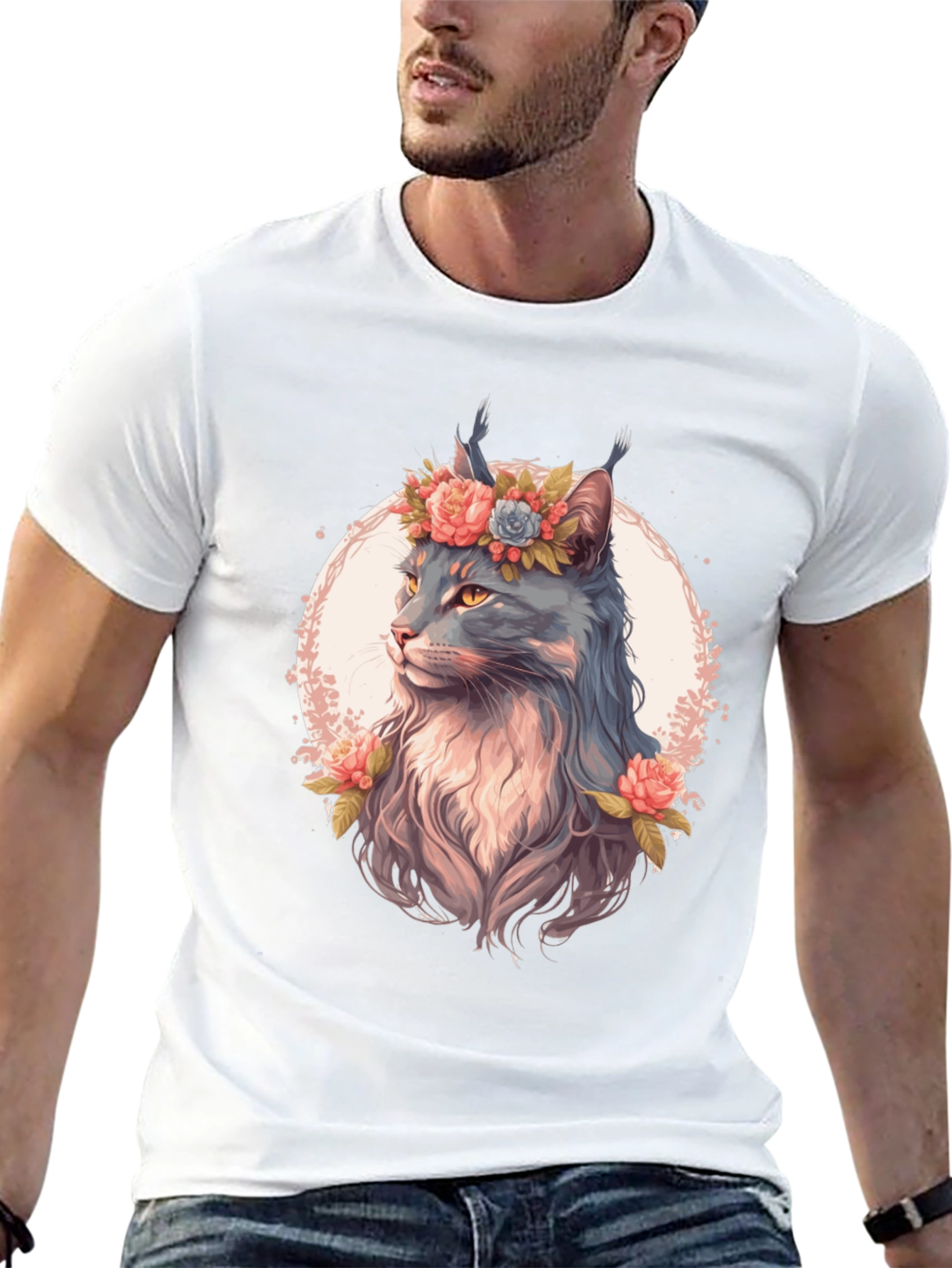 Floral Cat Graphic T-Shirt - Unisex Black Tee