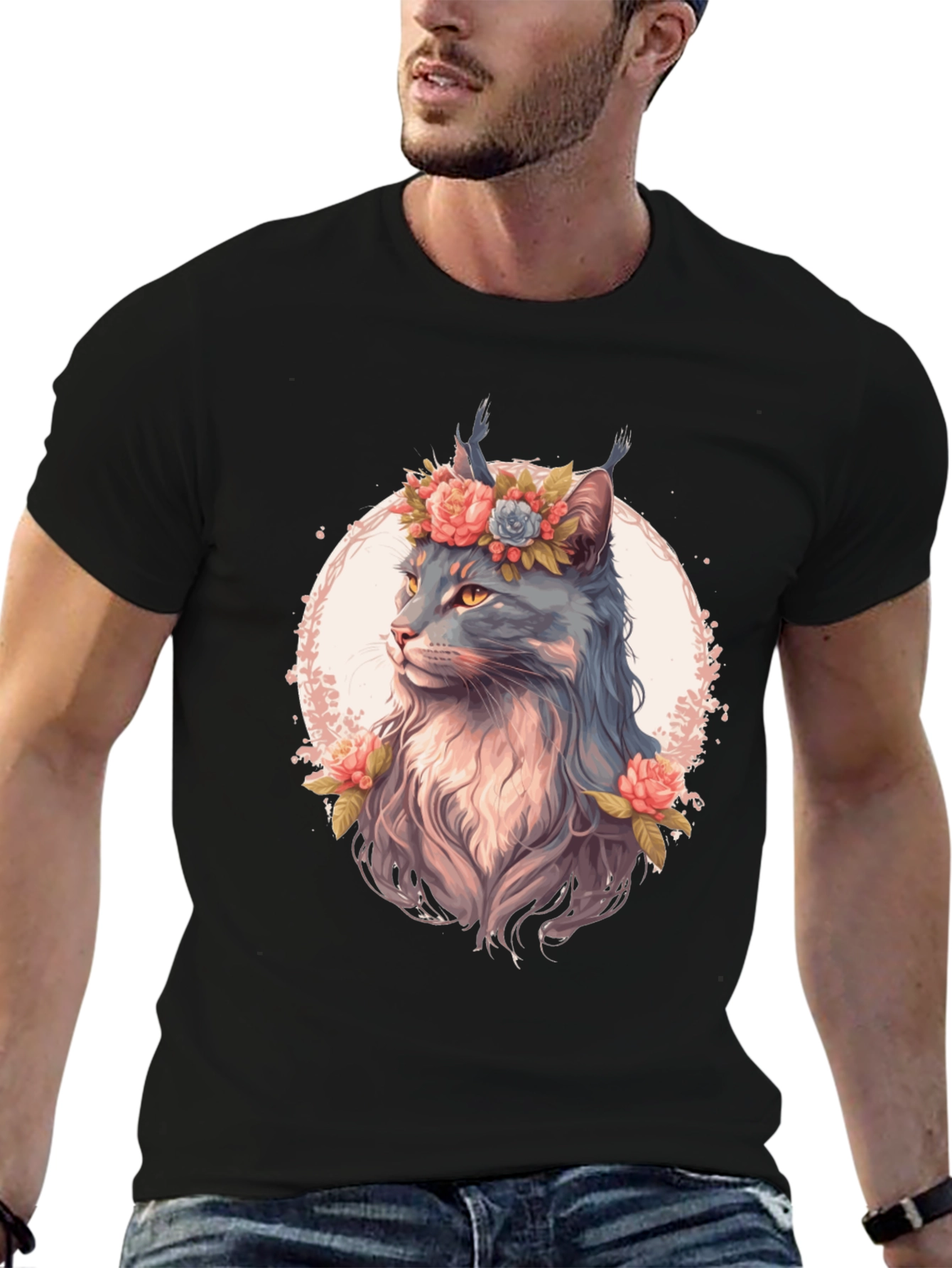Floral Cat Graphic T-Shirt - Unisex Black Tee