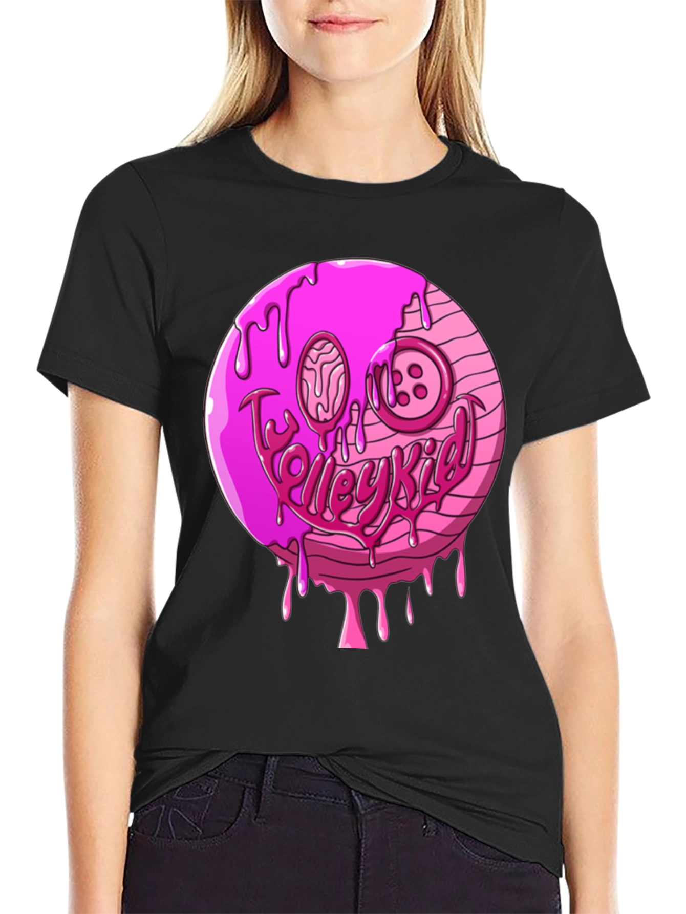 Pink Drip Smiley Face Graphic T-Shirt