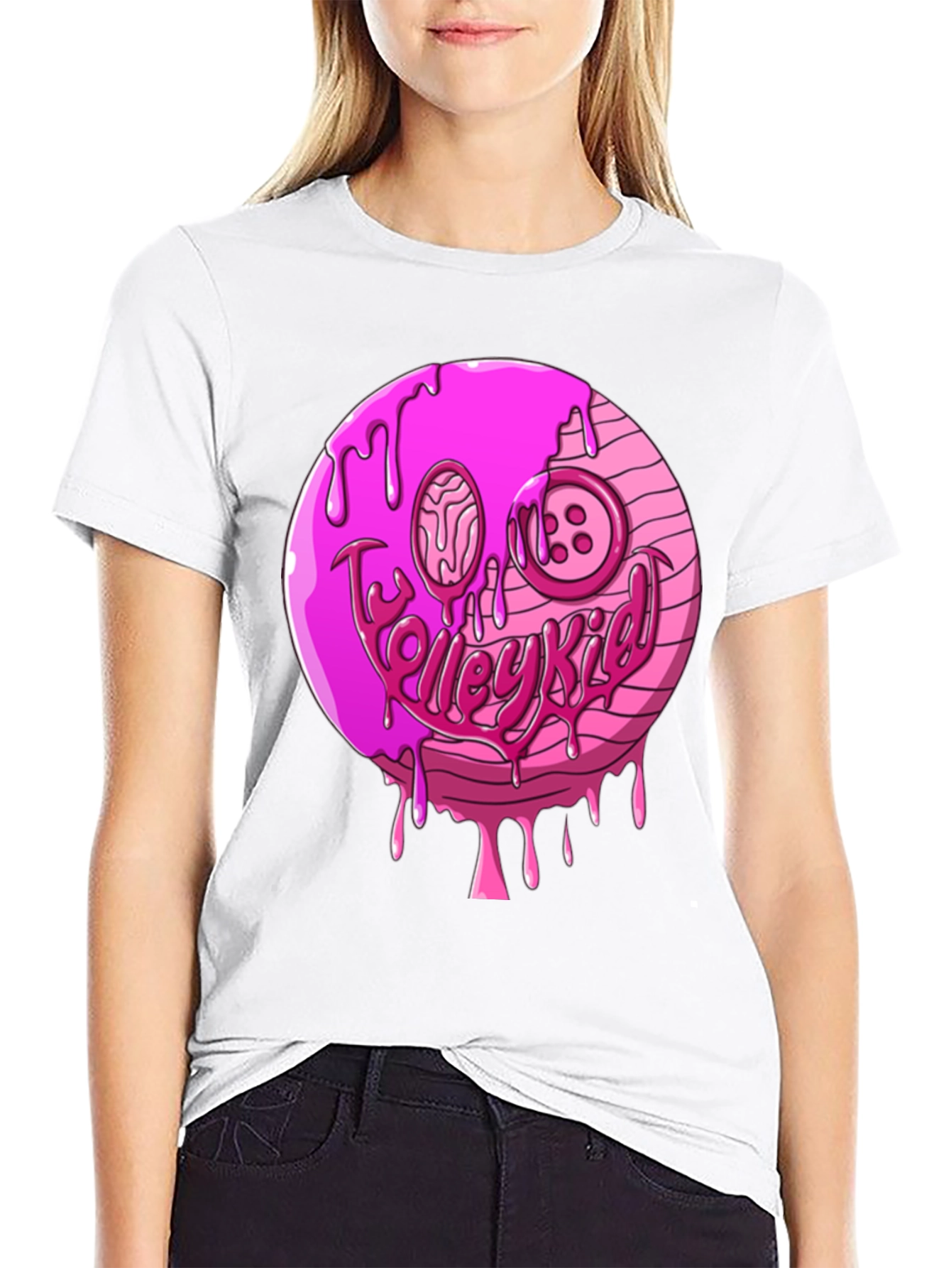 Pink Drip Smiley Face Graphic T-Shirt