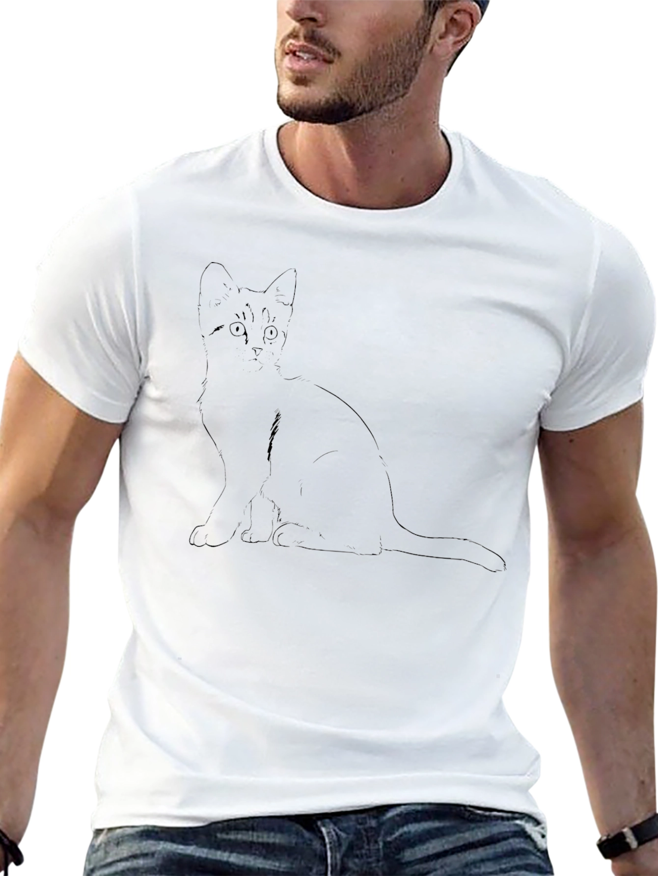 Mens Black T-Shirt with Cat Graphic