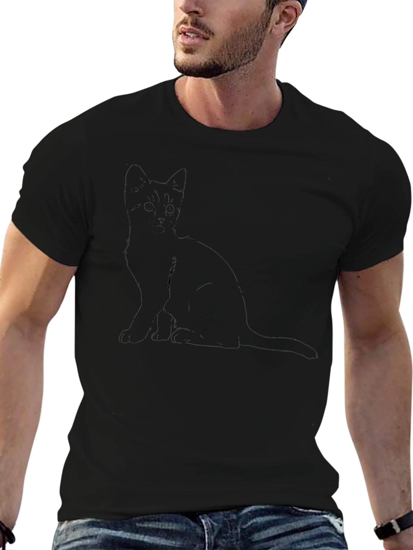 Mens Black T-Shirt with Cat Graphic