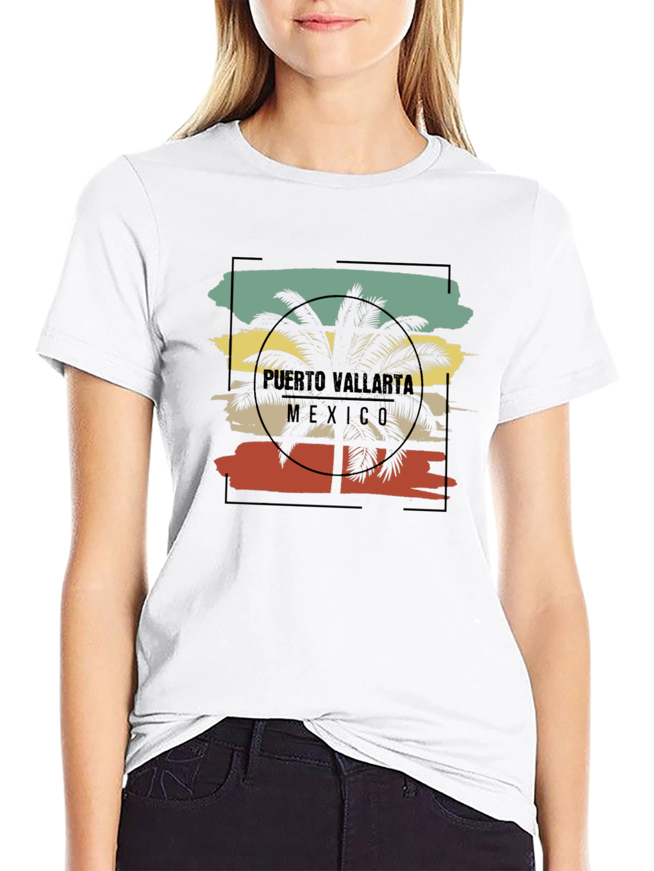 Puerto Vallarta Retro Palm Tree Black T-Shirt