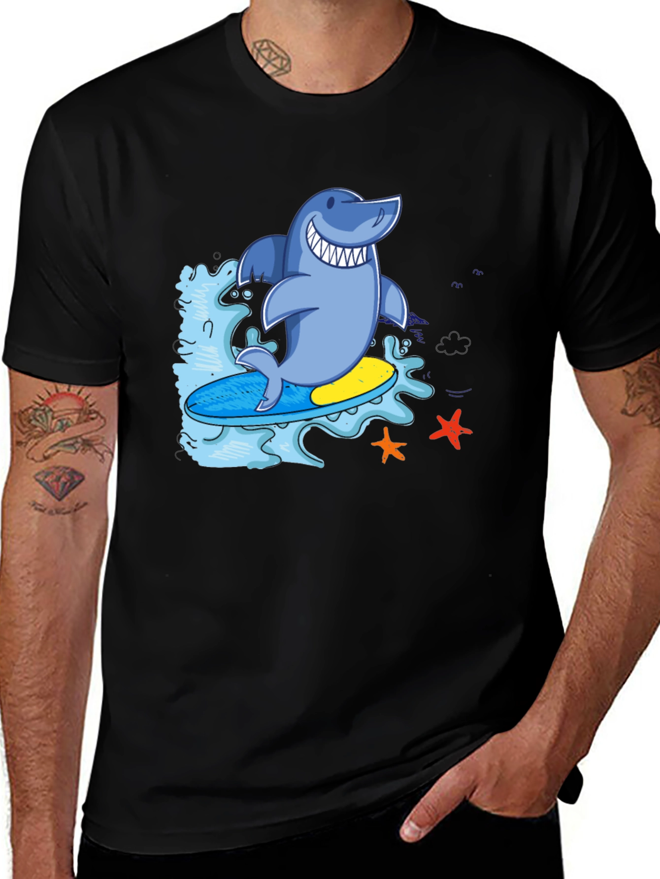 Surfing Shark T-Shirt - Black Cool Graphic Tee