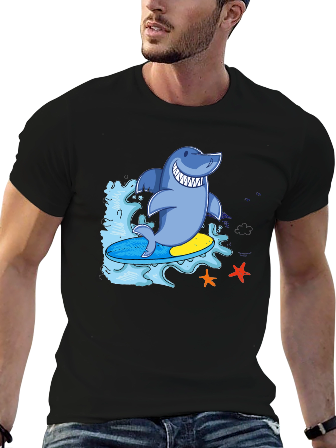 Surfing Shark T-Shirt - Black Cool Graphic Tee