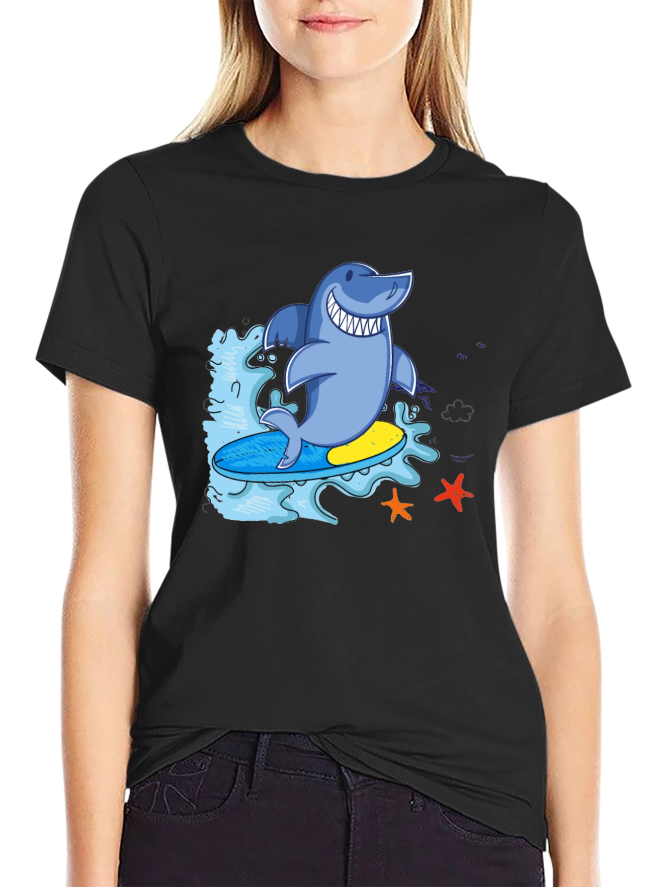 Surfing Shark T-Shirt - Black Cool Graphic Tee