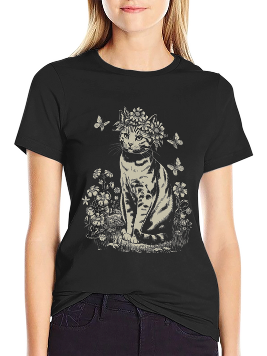 Floral Crown Cat Graphic Tee - Unisex Black T-Shirt