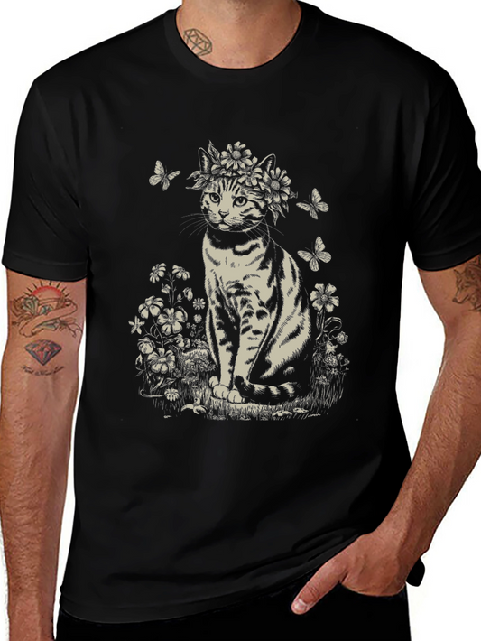 Floral Crown Cat Graphic Tee - Unisex Black T-Shirt