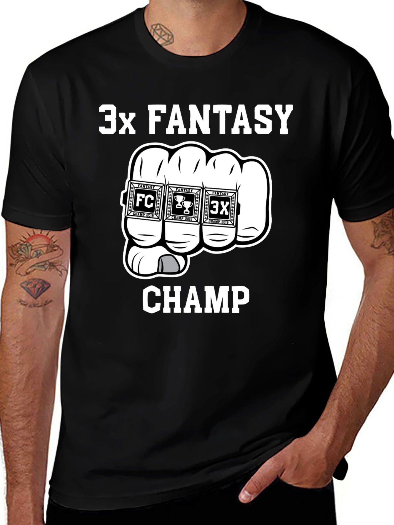 3x Fantasy Champ T-Shirt - Black Cotton Graphic Tee